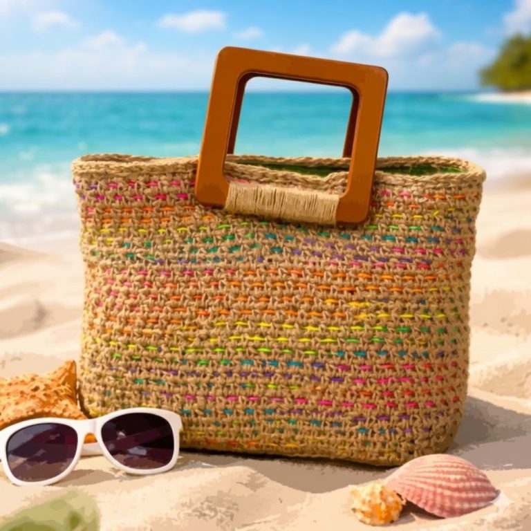 Multi-Colored Crochet Bag with Wooden Handelle