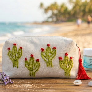 Embroidered Cactus Makeup Bag