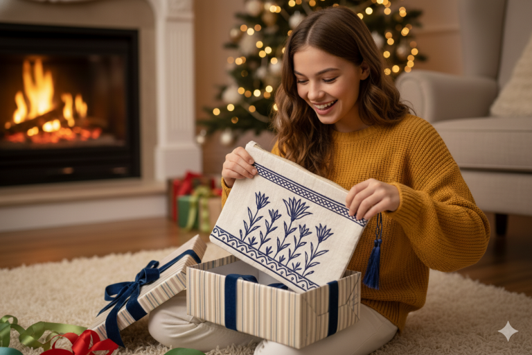 Linen Pochette with Embroidered Blue Lotus